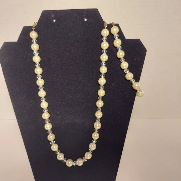 SAQ Jewelry - SAQ Clear Crystal Off White FAUX Pearl Beaded Necklace + Bracelet Signed Estate